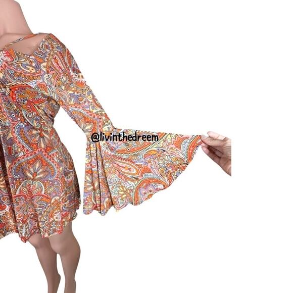 Luli Fama ANDALUZ V Neck Bell Sleeve Short Dress SZ L $145 - Picture 9 of 11